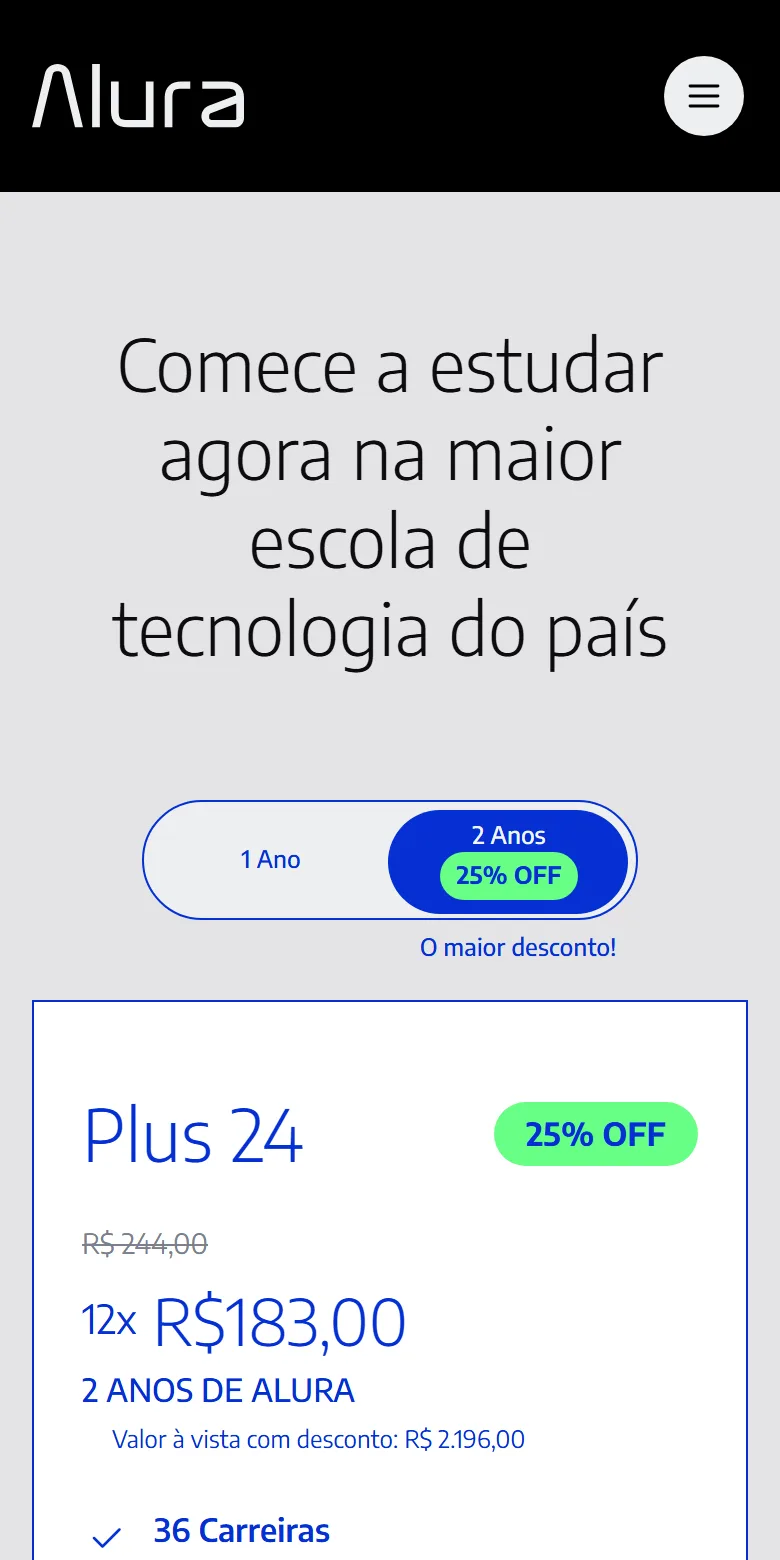 Página de preço da Alura no celular, lida em 16 de outubro de 2026