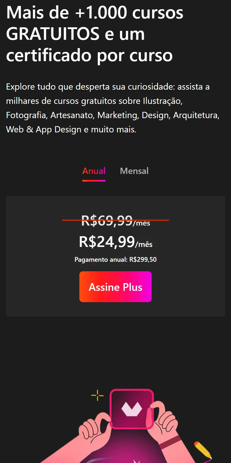 Página de preço da Domestika no celular, lida em 16 de outubro de 2026